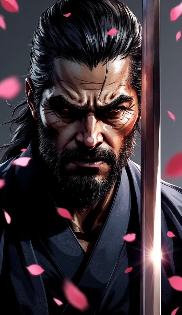 a swordsman in black jinbei is unsheathing his katana in front of his face. the katana is blocking part of his face, with the reflection on the katana shining brightly. the environment is dark, with dramatic light casting on the swordsman's face. pink sakura petals are flying around, they are all brightly colored and glowing. the atmosphere is cinematic, dramatic and epic.