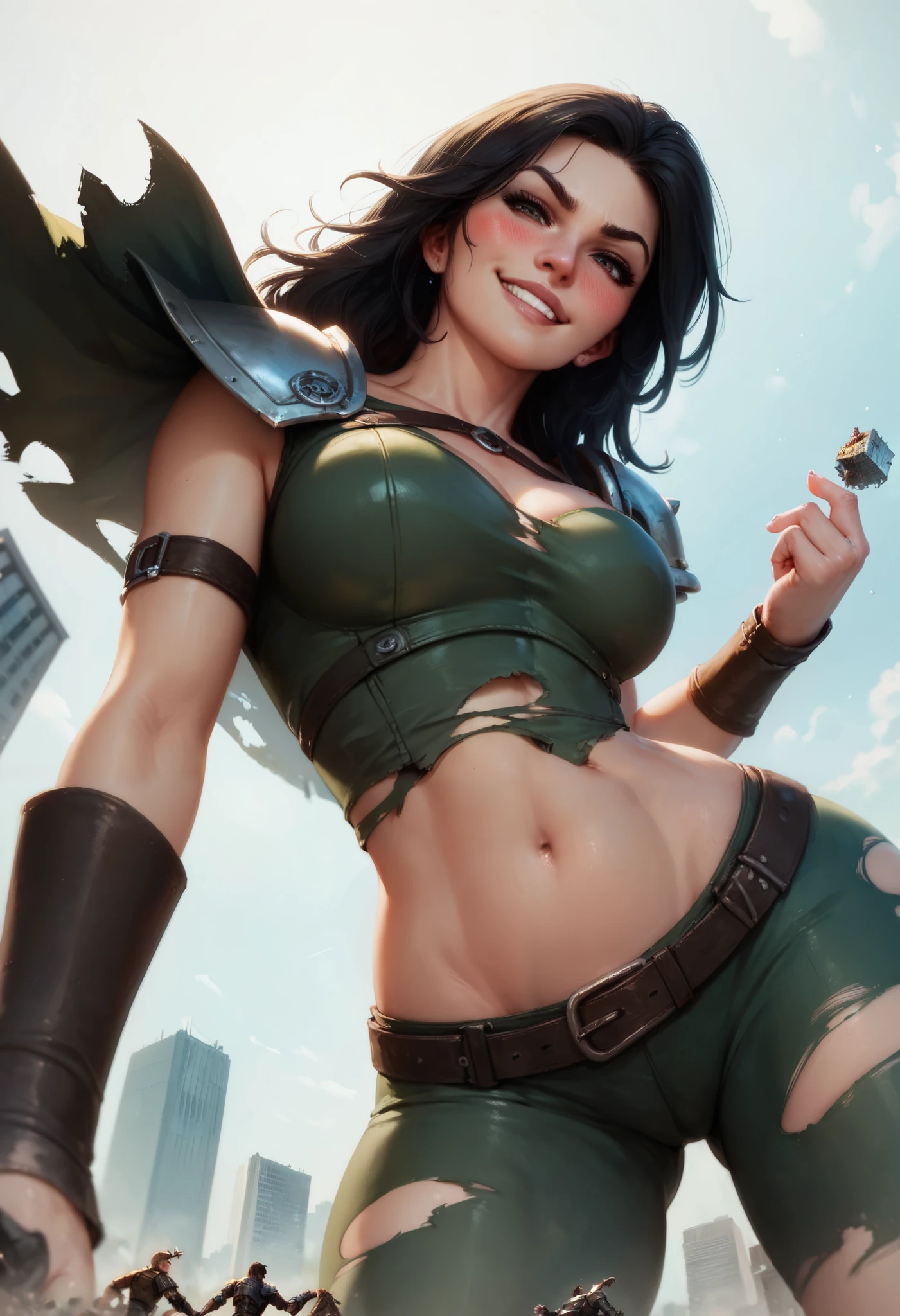 rogue woman, fantasy leather armor. Tempted look. Torn clothing, Blushing. Smirk, midriff exposed, Long black hair, giantess, low angle, towerring over city