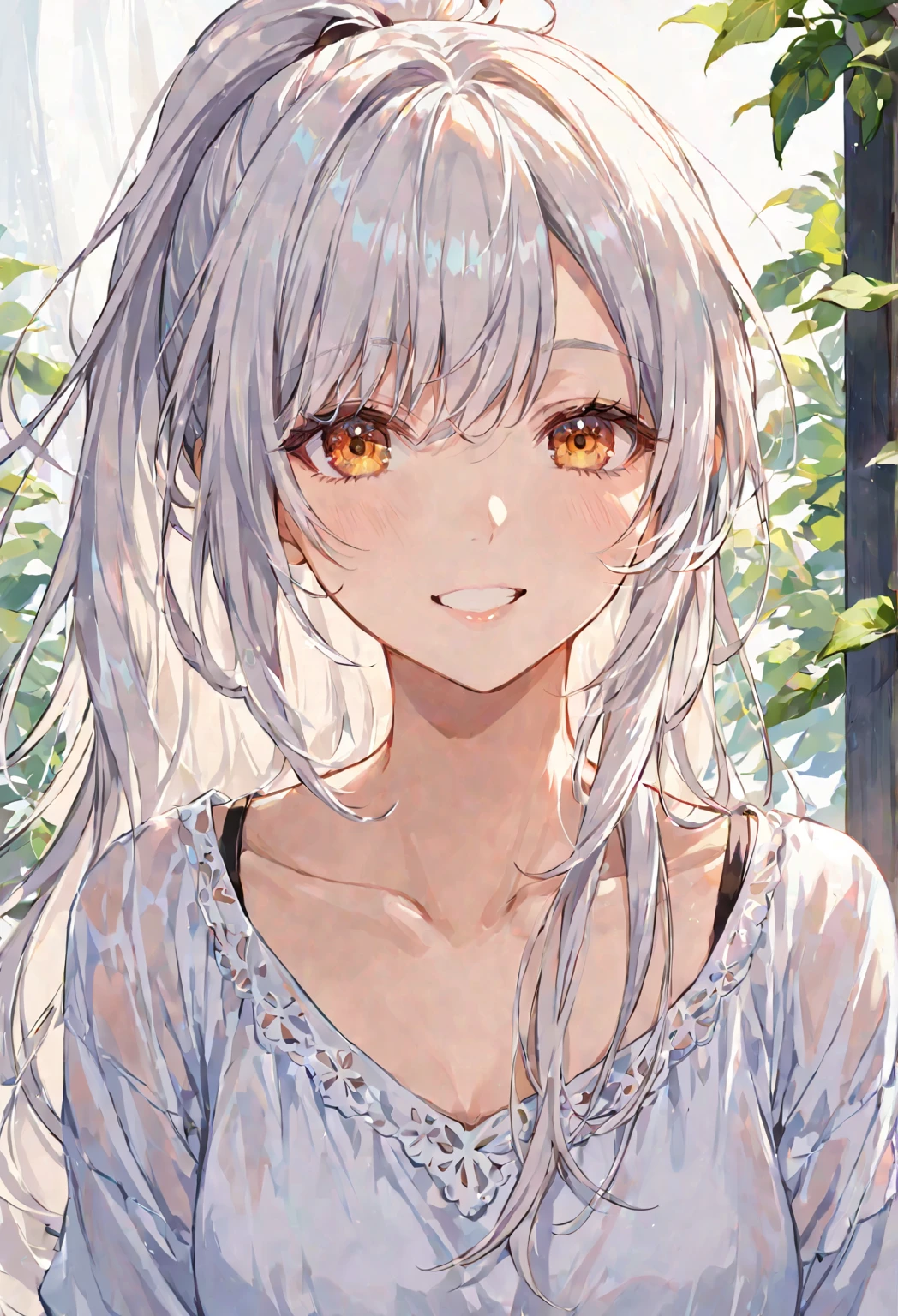 1 girl, solo, mature woman, white dress, white hair, A slightly messy high ponytail with wispy bangs and loose strands at the sides. It’s casual and playful, showing her as an approachable and fun mom. angel