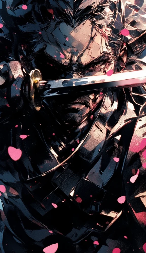 a swordsman in black jinbei is unsheathing his katana in front of his face. the katana is blocking part of his face, with the reflection on the katana shining brightly. the environment is dark, with dramatic light casting on the swordsman's face. pink sakura petals are flying around, they are all brightly colored and glowing. the atmosphere is cinematic, dramatic and epic.