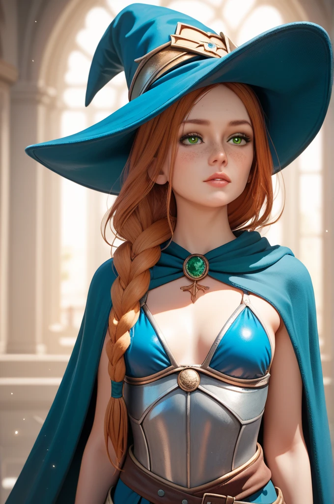 A woman, female, Person, Sorceress, sorceress, magical,  beautiful ,  blonde hair,  long hair,  green penetrating eyes ,  seductive, Bildhübsch , slim,  slim waist ,  Small breasts , blue bikini armor ,  sideways braided hairstyle , sexy,  silk scarf around the waist ,  Magic Wand , wizard&#39;s hat, (  high resolution  ), (  anatomically correct ) , (  best quality  ) , (  super detailed  ) , (  high quality ) , (  very detailed background )