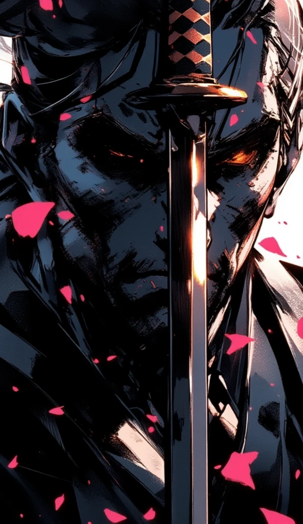 a swordsman in black jinbei is unsheathing his katana in front of his face. the katana is blocking part of his face, with the reflection on the katana shining brightly. the environment is dark, with dramatic light casting on the swordsman's face. pink sakura petals are flying around, they are all brightly colored and glowing. the atmosphere is cinematic, dramatic and epic.