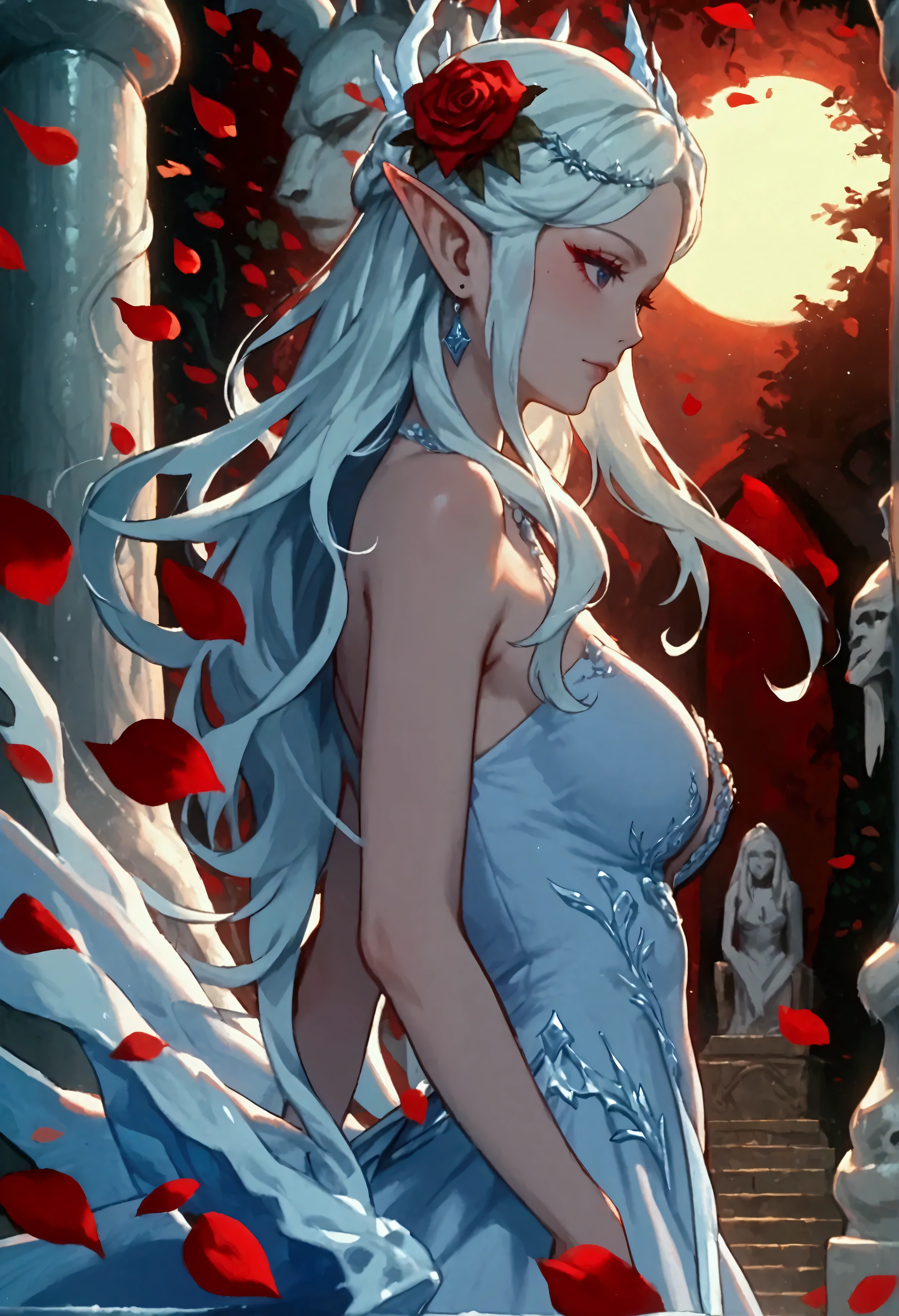 score_9, score_8_up, score_7_up, score_6_up, score_5_up, score_4_up, anime comic illustration fantasy art, (red petals: 1.3) falling from the sky on an ice statue of an a beautiful female elf ((made from ice)) standing in forest, cloud of red petals swirling around the ice statue, full body statue made from ice, beautiful elf, long icy hair strands, wearing icy dress, epic flowing (red petals: 1.3), swirling rose petals, fantasy forest background, it is dawn the sun rays reflect on the ice statue, sun rays hit the rose petals, ((high contrast: 1.5), [[anatomically correct]], high details, best quality, 8k, [ultra detailed], masterpiece, best quality, (extremely detailed), dynamic angle, intricate details, FAIstyle