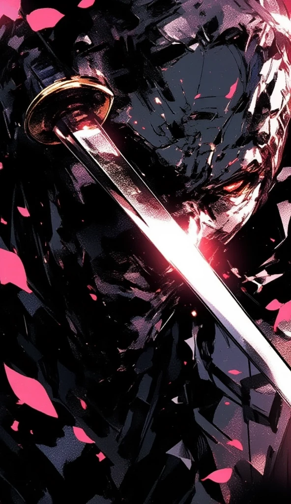 a swordsman in black jinbei is unsheathing his katana in front of his face. the katana is blocking part of his face, with the reflection on the katana shining brightly. the environment is dark, with dramatic light casting on the swordsman's face. pink sakura petals are flying around, they are all brightly colored and glowing. the atmosphere is cinematic, dramatic and epic.