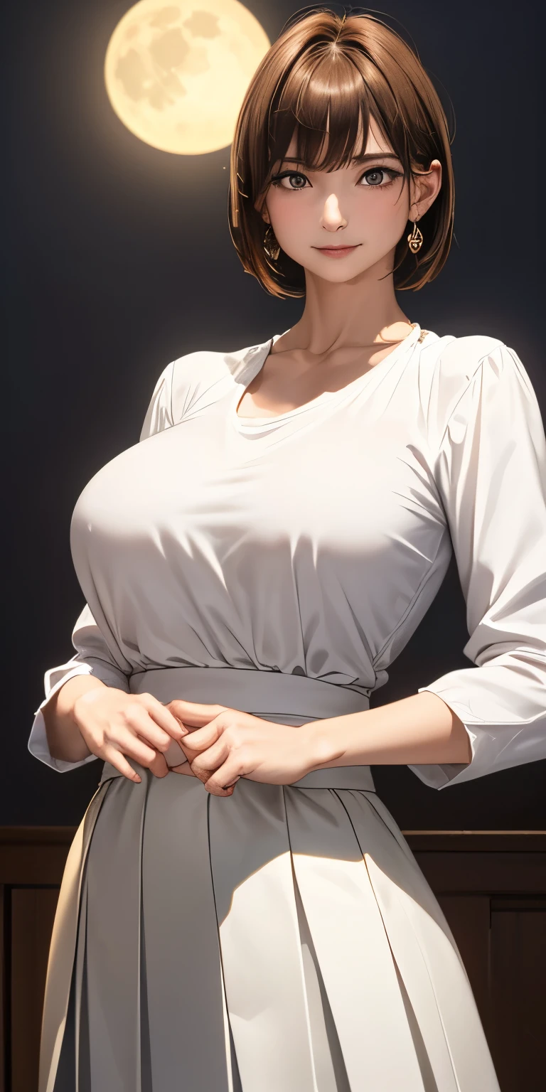 ((( gigantic Breasts:1.2)))、((Curved abdomen))、( Clear Clear Picture 、masterpiece、CG、 best quality、 high definition 、 Very Beautiful and Delicate 、 excellent anatomy:1.3)、( detailed eyes on board)、Beautiful face、 perfect face、cute、 mature woman、 pink lips、 one girl、 beautiful body、 Tight Waist 、, mature woman, Big Breasts ,Aqua Eye,Blonde,Thoracic arch(Thoracic arch) ,Minded( pleated skirt) , White Elbow ( upper body) , Man with a Full Moon Background  , Person in the Night Sky  ,Man in the Sea  ,Man in the Sea  、 Starry Sky、Straight、Fantasy、 amazing、 romantic