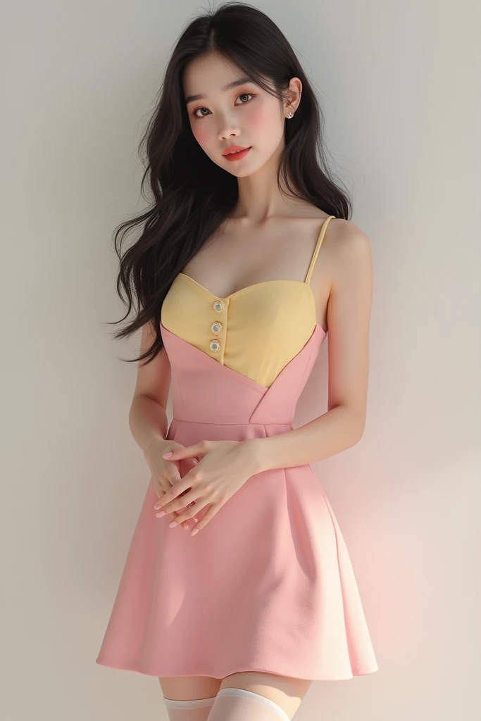 coreana de dezenove anos, corpo magro, porém com coxas grossas. Possui um rosto angelical, olhos pretos feito o céu noturno e lábios com um tom rosa avermelhado. Usa um delineado preto de gatinho . Usa um vestido de alça, rosa claro com amarelo claro, juntamente com uma meia-calça branca quase transparente.