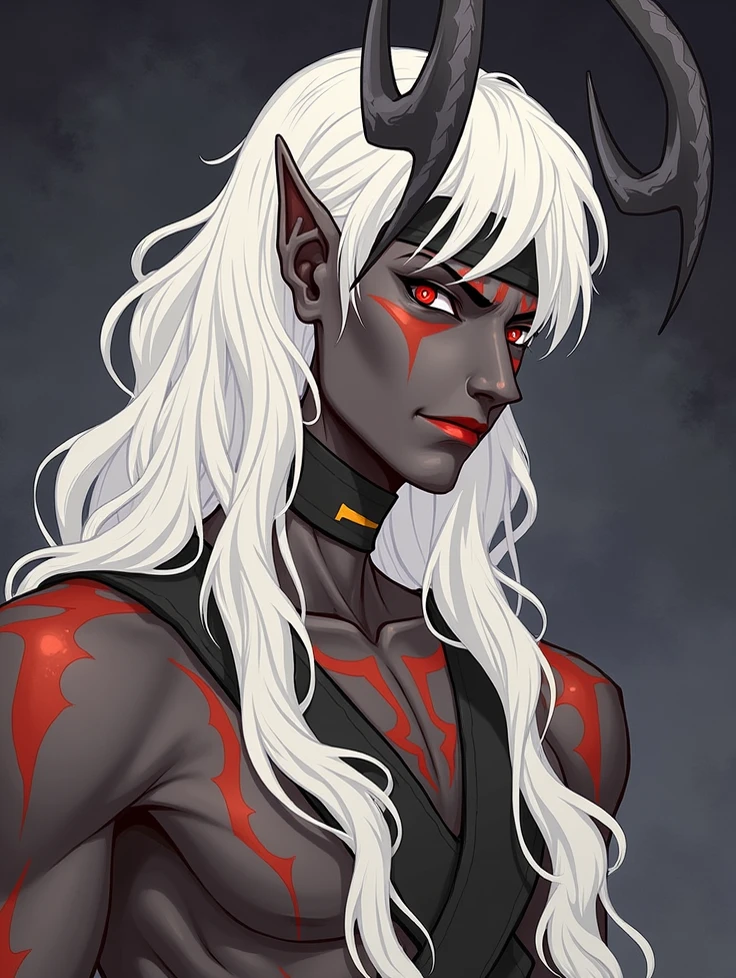 score_9, score_8_up, score_7_up, source_furry, solo, SomSom Style, Tiefling,  vivid blue eyes,  white long ghostly horns, white jagged hair,  black skin, and jagged reaper robe with red spiked collar