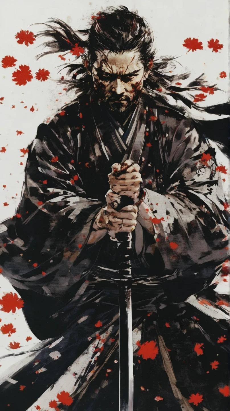 score_9, score_8_up, score_7_up, man with black jinbei, unsheathing a katana in front of his face, sakura petals flying around, serious face, Black eyes, Dark Background, Mystical Light Falls on samurai, intricate details, Epic picture, Epic scene, dramatic lighting, high budget, bokeh, cinemascope, moody, epic, gorgeous, film grain, grainy, masterpiece, best quality, yoji shinkawa