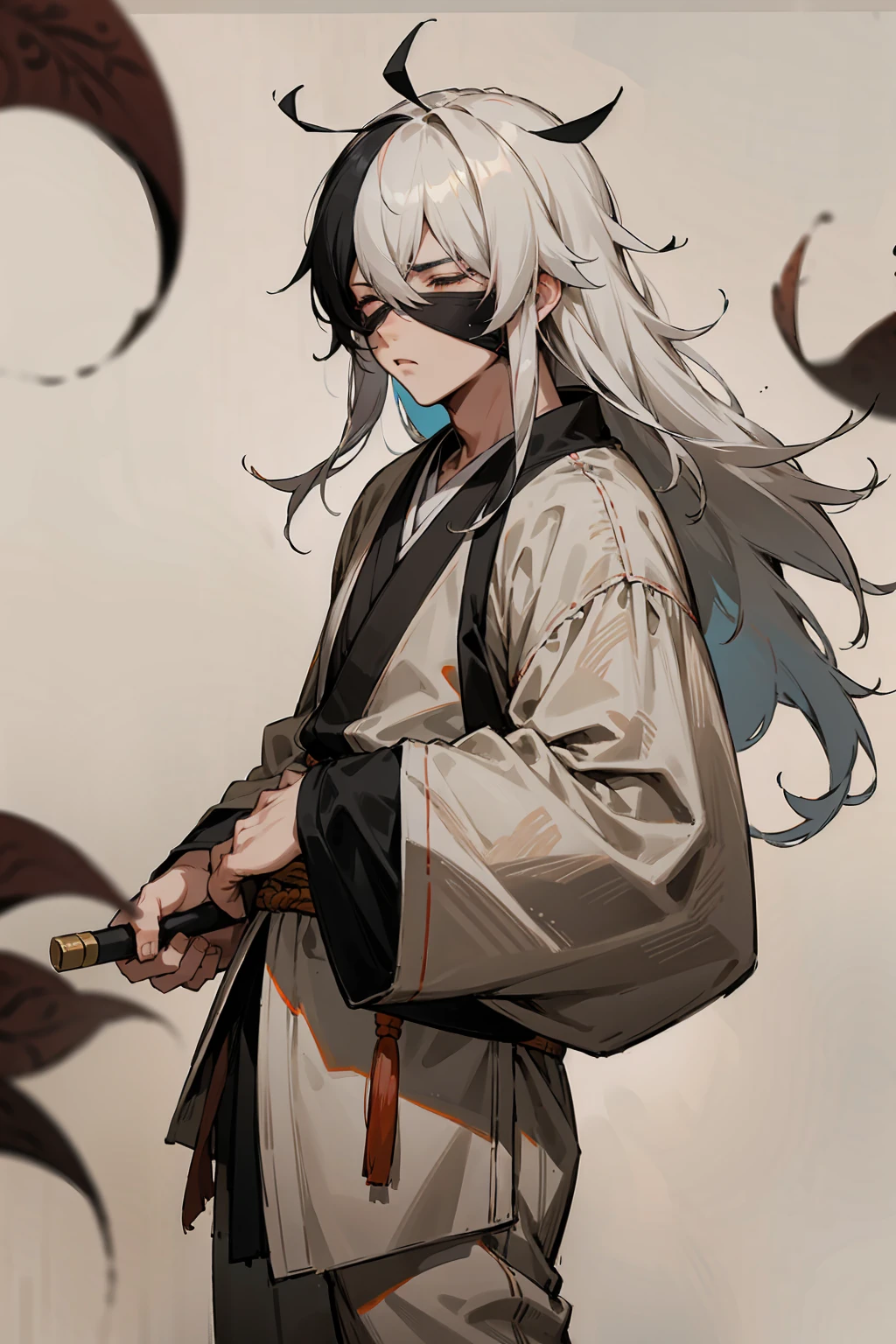 1male, Young Adult, Black and White Hair, Two Toned Hair, Long Messy hair, Blindfold, Shaolin Outfit, Martial arts temple, Leaves