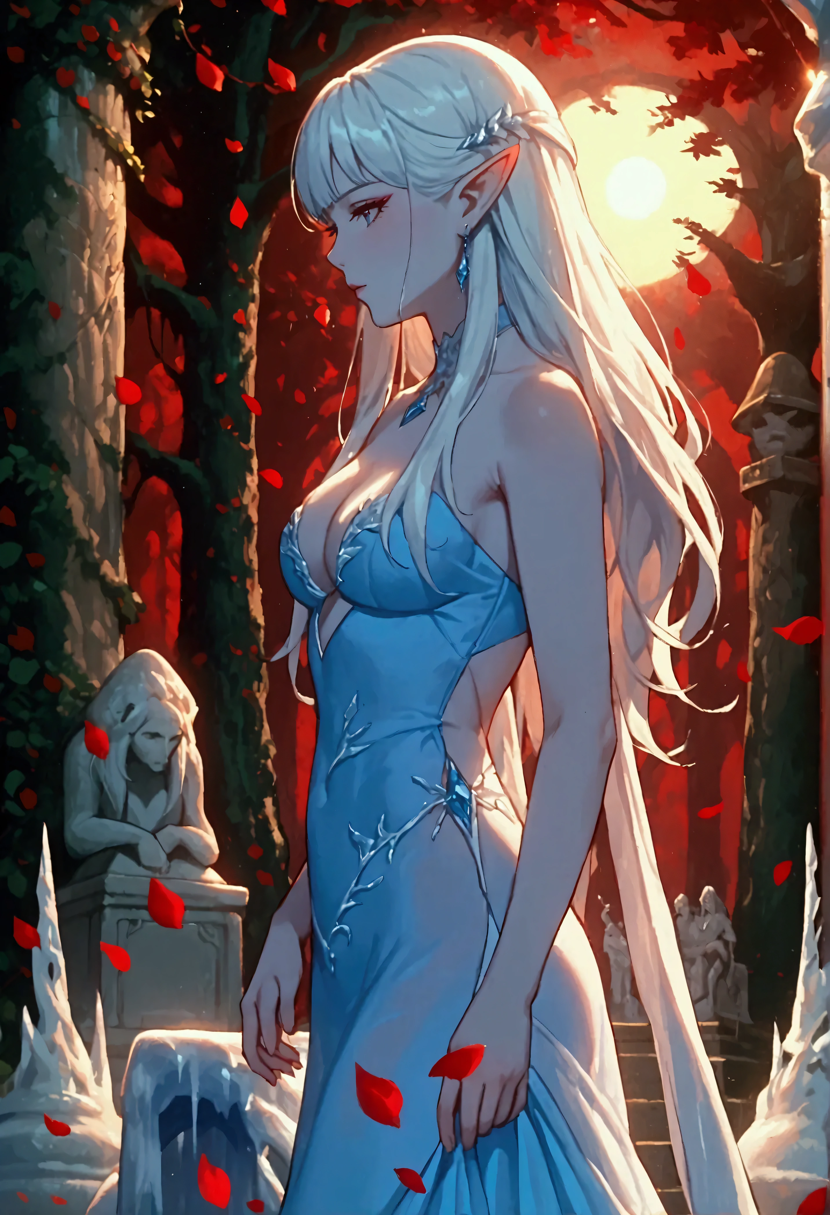 score_9, score_8_up, score_7_up, score_6_up, score_5_up, score_4_up, anime comic illustration fantasy art, (red petals: 1.3) falling from the sky on an ice statue of an a beautiful female elf ((made from ice: 1.5)) standing in forest, cloud of red petals swirling around the ice statue, full body statue made from ice, beautiful elf, long icy hair strands, wearing icy dress, epic flowing (red petals: 1.3), swirling rose petals, fantasy forest background, it is dawn the sun rays reflect on the ice statue, sun rays hit the rose petals, ((high contrast: 1.5), [[anatomically correct]], high details, best quality, 8k, [ultra detailed], masterpiece, best quality, (extremely detailed), dynamic angle, intricate details, FAIstyle