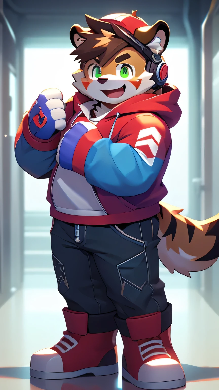 A young wolf boy with green emerald eyes, brown messy hair, brunette fur, with two tiger like stripes on each cheek; wearing a light blue and purple striped zipper short sleeve hoodie with white neck fluff plus a white long sleeve shirt with a "no entry" red logo in the middle, gray gloves, red headphones, black hat on his head, dark red velvet jeans, light blue sci-fi boots. 4K, HD, 3D anime style, full body shot, bulky, stocky, average weight, average height, smiling, happy, kind, shy