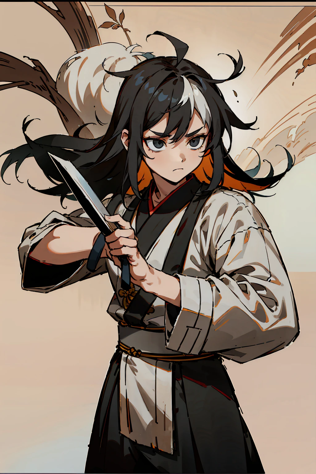 1male, Young Adult, Black and White Hair, Two Toned Hair, Long Messy hair, Shaolin Outfit, Martial arts temple, Leaves, Blank Eyes, Black Eyes