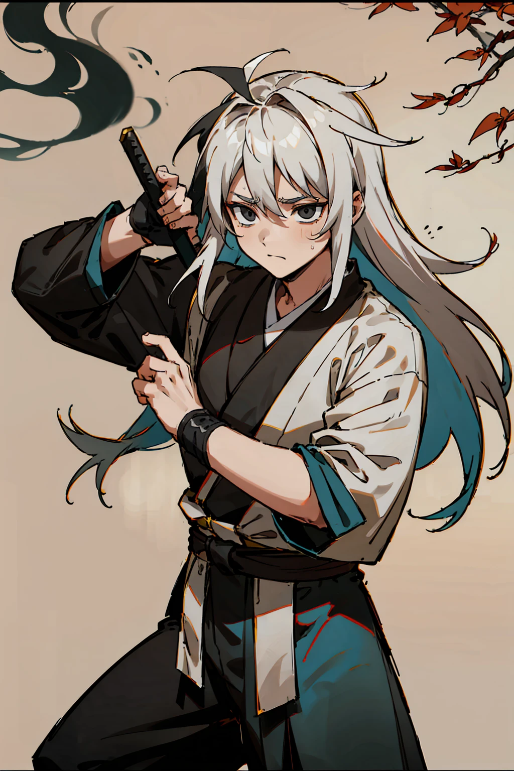 1male, Young Adult, Black and White Hair, Two Toned Hair, Long Messy hair, Shaolin Outfit, Martial arts temple, Leaves, Blank Eyes, Black Eyes