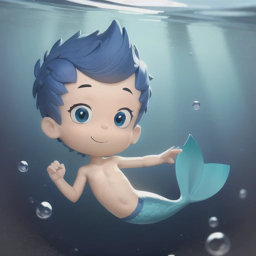 ((masterpiece, best quality)),solo,1boy, blue eyes, blue hair, full body, mermaid, gil, <lora:Gil_BubbleGuppies1:0.6>, underwater, chibi,