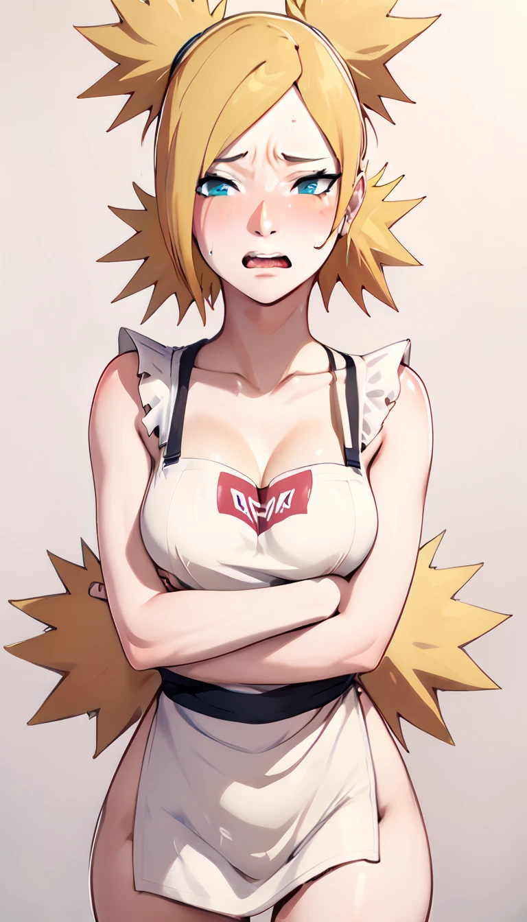 temari\(boruto\), 1girl, blonde hair, quad tails, blue eyes, breasts, red face, embarrassed, Ashamed, posing embarrassed, red face, embarrassed, Ashamed, Suspender Naked Apron 