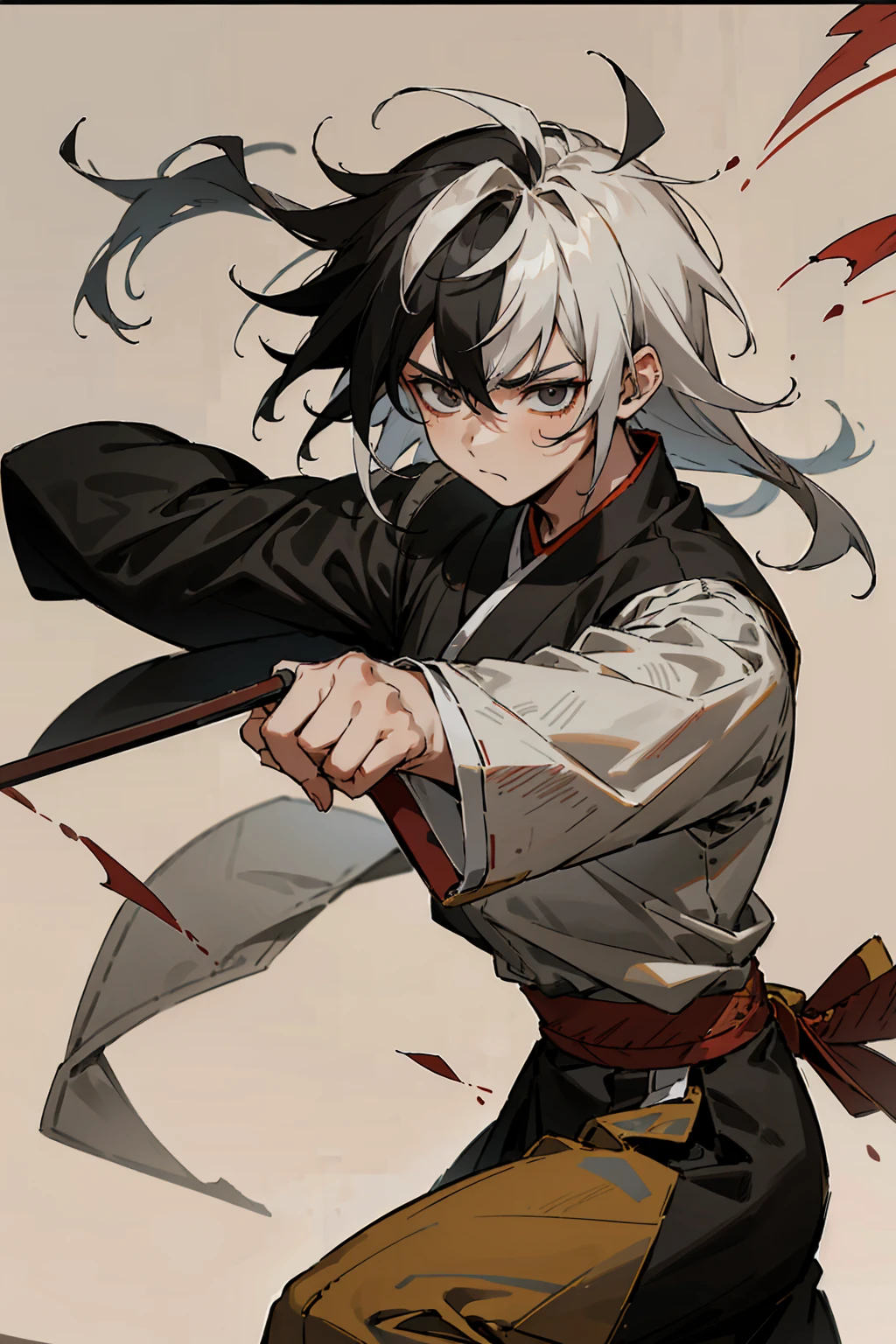 1male, Young Adult, Black and White Hair, Two Toned Hair, Long Messy hair, Shaolin Outfit, Martial arts temple, Leaves, Blank Eyes, Black Eyes