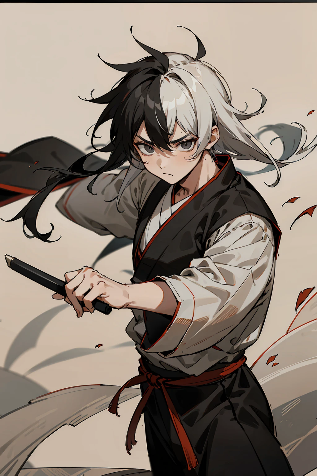 1male, Young Adult, Black and White Hair, Two Toned Hair, Long Messy hair, Shaolin Outfit, Martial arts temple, Leaves, Blank Eyes, Black Eyes