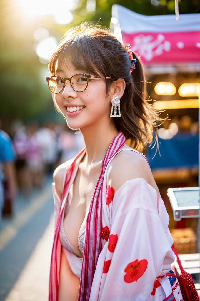 Yukata, Traditional Japanese summer kimono, Summer Festival Night Shop,  First year high school student , ((whole body)), ((photograph)), (( best quality , 8k, masterpiece:1.3)), concentrated:1.2, perfect figure Beautiful girl:1.4,  1 girl,  cowboy shooting alone,  watch viewers,  unbelievably ridiculous , beautiful and cute girl with a photographrealistic face,  showing off top quality craftsmanship ,  Japanese girl walking while looking at food stalls on a summer festival night, , Straight hair 10cm below the shoulders,  light brown hair color ,  shiny hair,  bangs cut straight above eyes ,  beautiful girl who hides her hair behind her ears , Soft round face,   big almond-shaped eyes  , Light brown eye color ,  has long eyelashes, Thin and beautiful eyebrows, A small nose with a straight bridge, Cherry colored lips,  bright smile, White teeth,  ,  white skin, Light pigmentation, Freckles, average length, Flexible body shape,   balanced proportions , Small A-cup breasts, White and pink pastel colored yukata,  bracelet with charm ,  diamond stud earrings with sperm on glasses, Beautiful girl, pure, Moe, Cheerful,  curious,  friendly , Polite, Responsibility , I like festivals and events, August