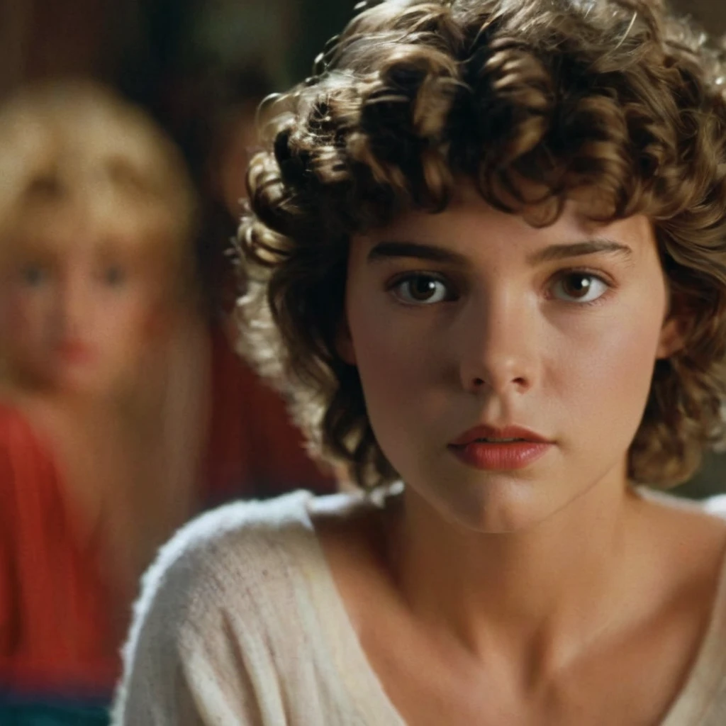 Hyperrealistic art of  Cinematic Closeup Shot Film Footage captured by Panavision Cameras and Lenses, young Amy Peterson a naked short curly hair woman with a surprise look on her face looking at someone in a surprise look on herface in a room with blur background and perfect warm light on Fright Night 1985 Film Style, Extremely high-resolution details, photographic, realism pushed to extreme, fine texture, incredibly lifelike