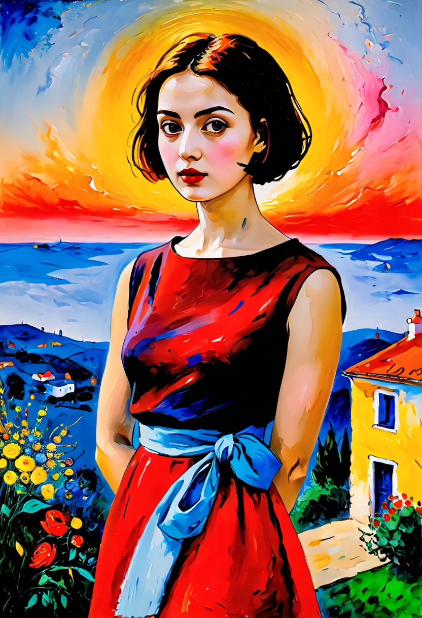 ((very colorful gradient)):[[(front full portrait:1girl (solo) with big eyes and a short hair bob)((Jose de Ribera style)), [dress ((Marc Chagall style)])):20]/[background: landscape
 Renaissance, old canva, (scarlet sunset), ((style Alexey Savrasov))]/[((very colorful gradient)),((oil painting palette knife))((masterpiece)),((highest detail))]]
