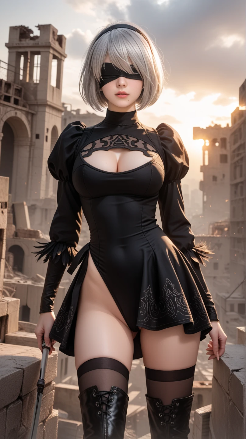 score_9, score_8_up, score_7_up, 32k,masterpiece, highest quality, 
photo realistic, super detail, vibrant colors, chiaroscuro lighting, cinematic lighting,
1 woman, inspired nier automata 2B,
bob cut, gray hair, bangs, mole under mouth, blindfold,
2B leotard, cleavage cutout, skirt, thighhighs under boots,
ruins, a ruined world, devastated cities, dark cloudy sky,
seductive pose, cinematic angle,