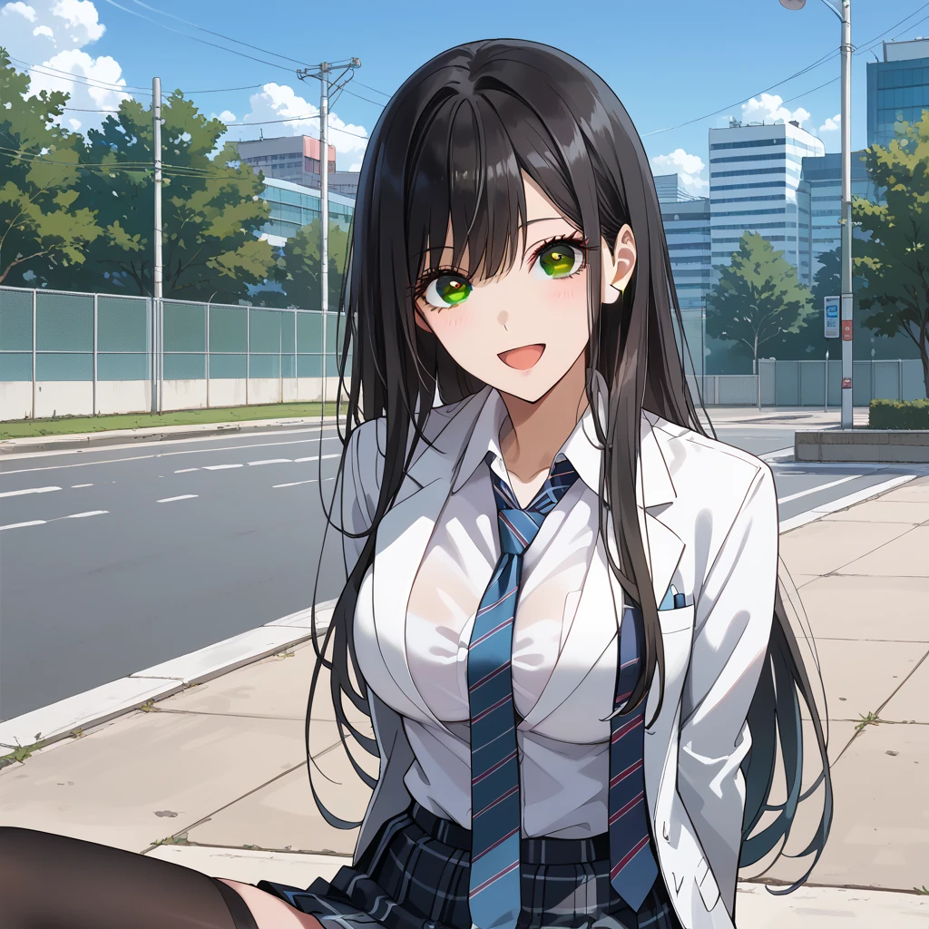   score_9,  score_8_up,  score_7_up,  source_Anime,masterpiece, big eyes,smile 、  best quality,  BEAUTIFUL AND DETAILED EYES  , Desperate look 、 pretty girl 、 highly detailed eyes and face, black eyes,cleavage,partially unbuttoned,black hair, long hair,Brown eyes,  1girl, Alone,white blazer、white Jacket,white shirt, high school girls、school uniform、 Checked Skirt  、blue and black skirt,Big Breasts , No emotion, looking at viewer,black thighhighs,Slim Leg,sit up, sharp eyes,open mouth,Mid-distance,outdoor, day, plaid tie、red and blue tie,arms behind back