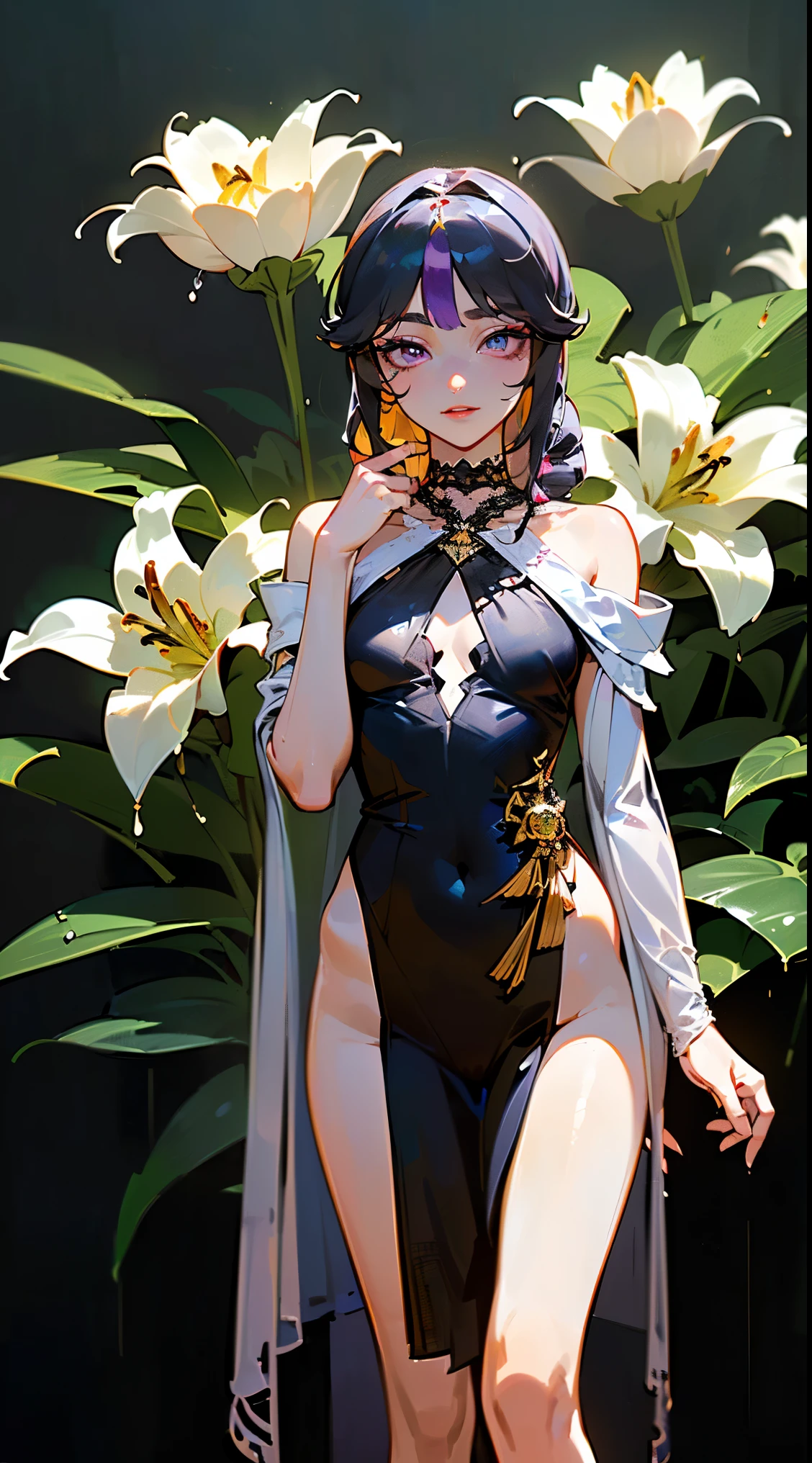 (geometric:1.1), ((1 anime girl, amazing, cute girl)), (Masterpiece, Best quality, Beautiful and aesthetic:1.2),((Ultra-high resolution, Golden ratio)), (Physically-based rendering), Sharp focus, (((high detail skin))), Intricately detailed clothing, Delicate pupils, Danfeng Eye,((((multicolor hair, cold detailed hair, long hair)))), Slender, geometric eyes :1.1,  ((extremely_Detailed_eyes_and_face)), long eyelash, (masterpiece side lighting), (Dynamic configuration: 1.2), Perfect Anatomy, Eyeliner, nsfw, sharp eyes, choker, light smile, hair adornments, fit thighs, thigh gap, ((Create MaxZenArt!))_(((Small , , chibi), (full height, relaxed pose, standing)_(16+ years)))_(((Very beautiful small peach breasts)), (( long double braids, tight braids, long braid, braided hair, long hime haircut, dark hair, black hair, colored inner part of hair)))_(((purple_eyes:1.3)), ((intricate eyes, beautiful detailed eyes, symmetrical eyes)), ((big eyes:1.5)),((scarlet lips)), ((smile)))_(((Shiny skin:1.5, white skin, light skin: 1.5, white skin, shiny skin, very shiny skin, shiny body, reflective skin)))_(((Detailed face)), ((beautiful detailed lips)), ((sexy), (erotic), (cute, kawaii), (nsfw)))_(((Eye shadow, makeup, eyelid makeup)), ((side breasts)), ((revealing clothes, showing skin)), ((bare shoulders, black lace dress)), ((black chiffon dress, very short )), (((tight-fitting, (black), sheer lace dress)), ((standing almost completely naked, with little clothing on)), ((tiny thong)), ((1.1, black outfit, wet clothes, intricate negligee outfit)))_ (((Shy pose: 1.3)), ((looks seductively at the viewer, embarrassed smile, shy, sexy, erotic)), ((center, scale to size)))_((( Rule of thirds, outdoors, overgrown)), ((dark background, realistic painting, digital painting, high quality)), ((dark background 0.5, decorative background, ornament flowers, skulls)), ((decorative dark background)), ((stunning white lilies, extremely unusual)), ((water,moss in the background, skulls)), ((white 