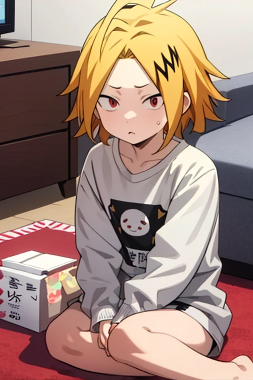  masterpiece ,  better quality ,  lyrics, 1 , Alone, male focus,  looking at the viewer , upper body, Kaminari_thank you, blonde hair,  multicolored _hair,  Small baby wrapped in a blanket, curious,  sitting on the floor , mirada: curious, Large Shirt