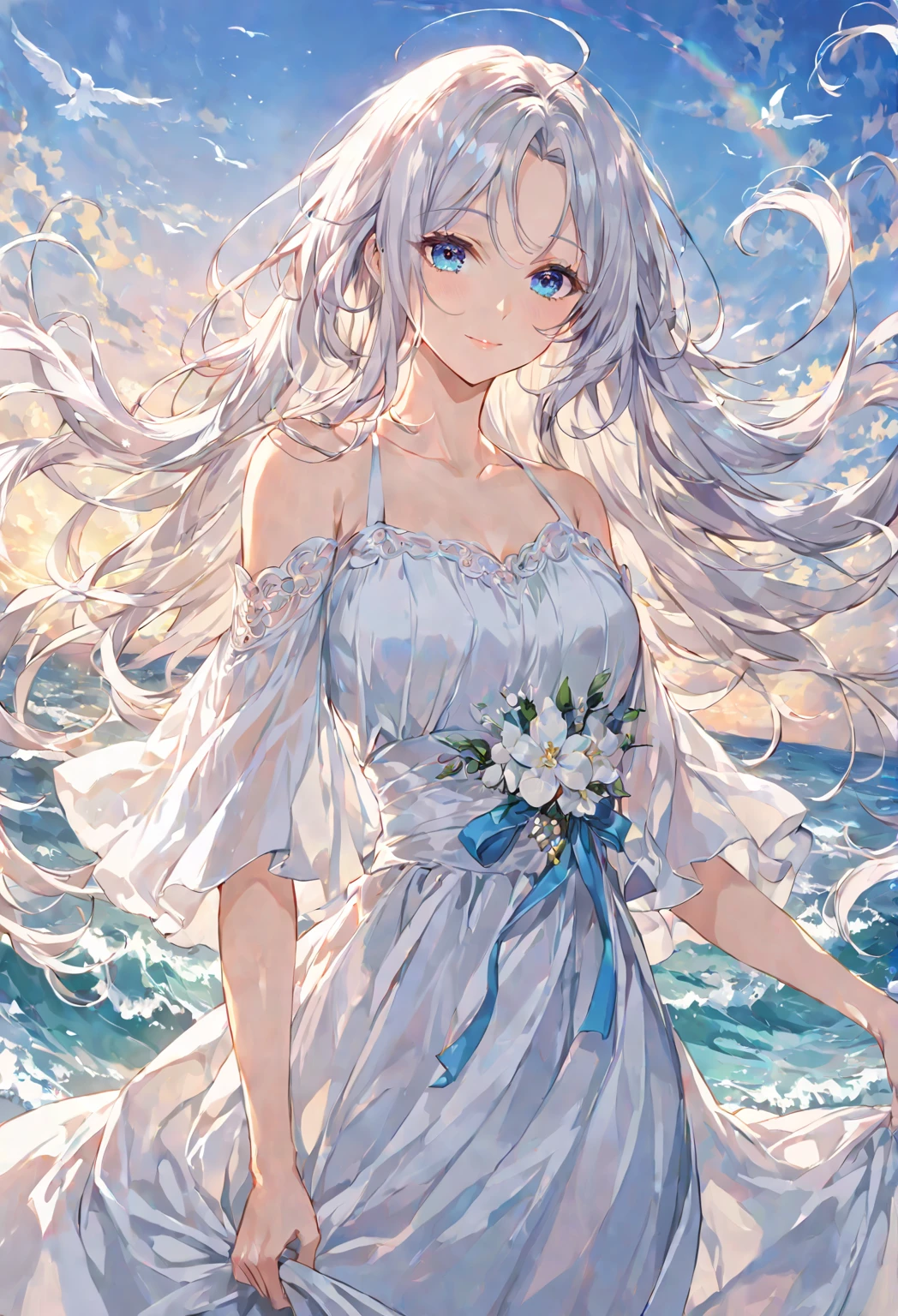 1 girl, solo, mature woman, white dress, white hair, Waist-length hair styled in soft, natural waves with a middle part. This hairstyle radiates elegance and grace, perfect for a young mother who still enjoys taking care of her appearance. angel, blue eyes