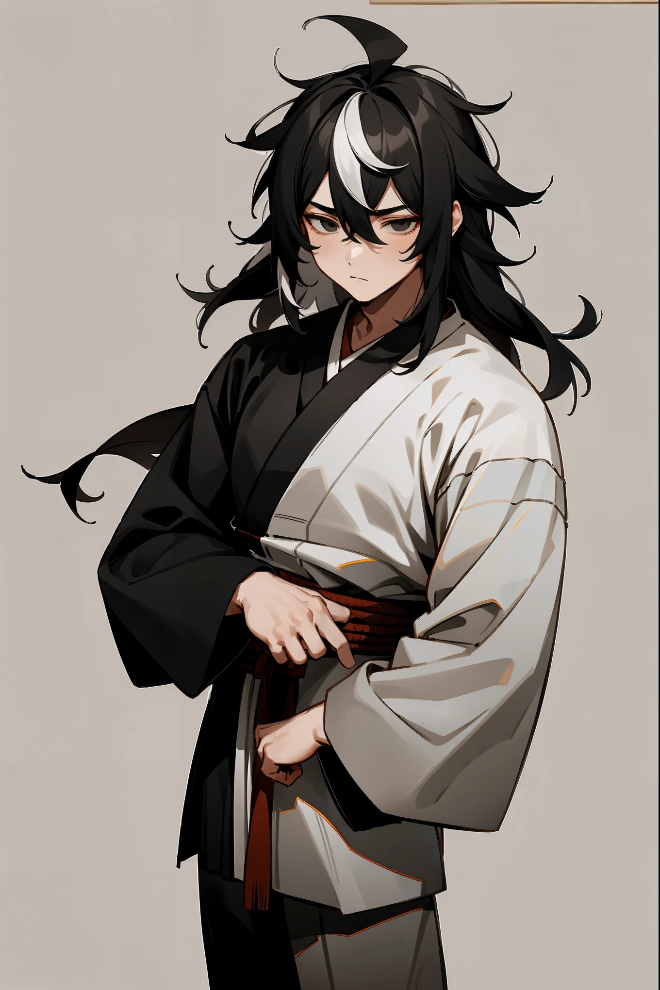 1male, Young Adult, Black and White Hair, Two Toned Hair, Long Messy hair, Shaolin Outfit, Leaves, Blank Eyes, Black Eyes, Blank Expression 