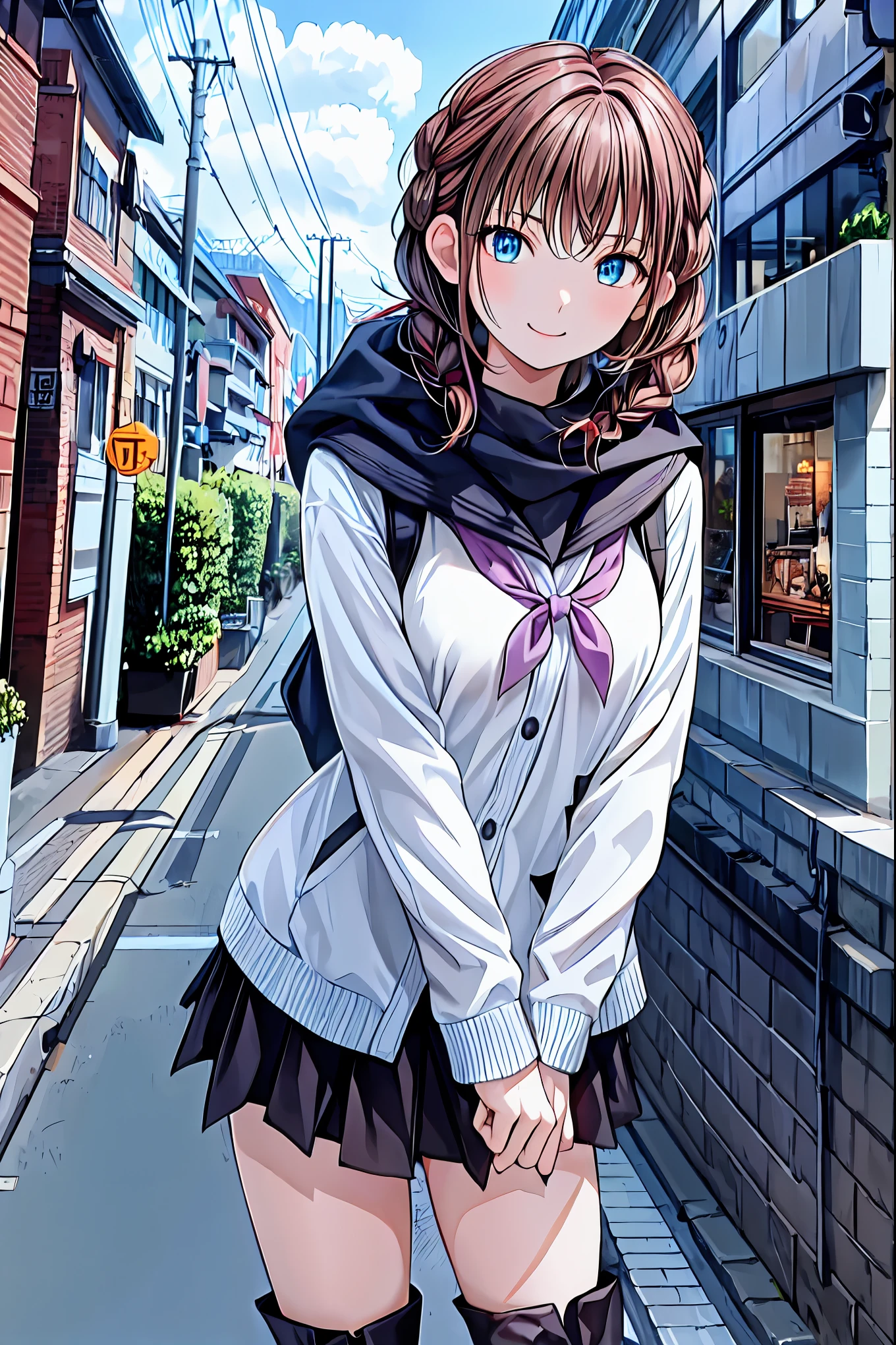   brown hair，  shortcuts，  messy hair  ，  Short Braided Hair  ，Neat，  slender beauty，Dignified posture，  small breasts，   Beautiful Legs with Tails  ，  her charming gray-blue eyes shine like stars ，  vibrant colors,    beautiful eyes  ,繊細なsmile,textured skin,  best quality ,    a parody of a gentle and beautiful woman   , Anime Style､Irohaisshiki,  Isshiki Iroha ,   long hair,   Short Braided Hair  ,  hair bleeding from the vagina ,  brown hair, (  Brown Eyes  :1.5), smile,  muffler  ,  Long Coat  ,  sweater,  long black skirt  ,  black tights,  Short Boots  ,morning日,morning,Campus Life,On the way to school in winter,Cold Sky,that&#39;that&#39;thatは雪が降っています ,
 Go outdoors  , Around town, destroy a city of buildings ,  look at the viewer , charming gray-blue eyes shine like stars {x}
Will break (  Masterpiece :1.2),   best quality,  It's high definition  ,   Unity 8k Wallpaper , (shape:0.8), (美しくて    beautiful eyes  :1.6),     has a very detailed face   ,   perfect lighting,   Highly Detailed CG, (    perfect hand,     Perfect Anatomy   ),