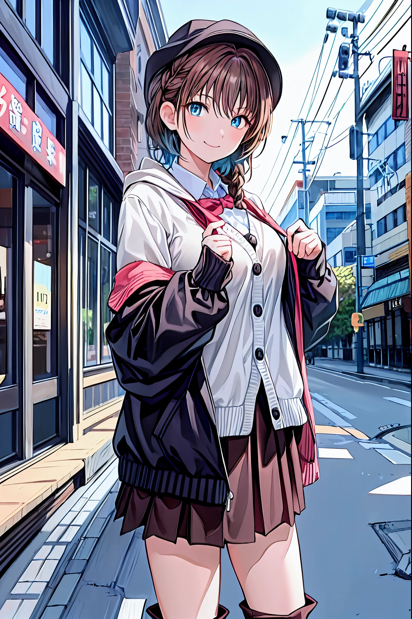   brown hair，  shortcuts，  messy hair  ，  Short Braided Hair  ，Neat，  slender beauty，Dignified posture，  small breasts，   Beautiful Legs with Tails  ，  her charming gray-blue eyes shine like stars ，  vibrant colors,    beautiful eyes  ,繊細なsmile,textured skin,  best quality ,    a parody of a gentle and beautiful woman   , Anime Style､Irohaisshiki,  Isshiki Iroha ,   long hair,   Short Braided Hair  ,  hair bleeding from the vagina ,  brown hair, (  Brown Eyes  :1.5), smile,  muffler  ,  Long Coat  ,  sweater,  long black skirt  ,  black tights,  Short Boots  ,morning日,morning,Campus Life,On the way to school in winter,Cold Sky,that&#39;that&#39;thatは雪が降っています ,
 Go outdoors  , Around town, destroy a city of buildings ,  look at the viewer , charming gray-blue eyes shine like stars {x}
Will break (  Masterpiece :1.2),   best quality,  It's high definition  ,   Unity 8k Wallpaper , (shape:0.8), (美しくて    beautiful eyes  :1.6),     has a very detailed face   ,   perfect lighting,   Highly Detailed CG, (    perfect hand,     Perfect Anatomy   ),