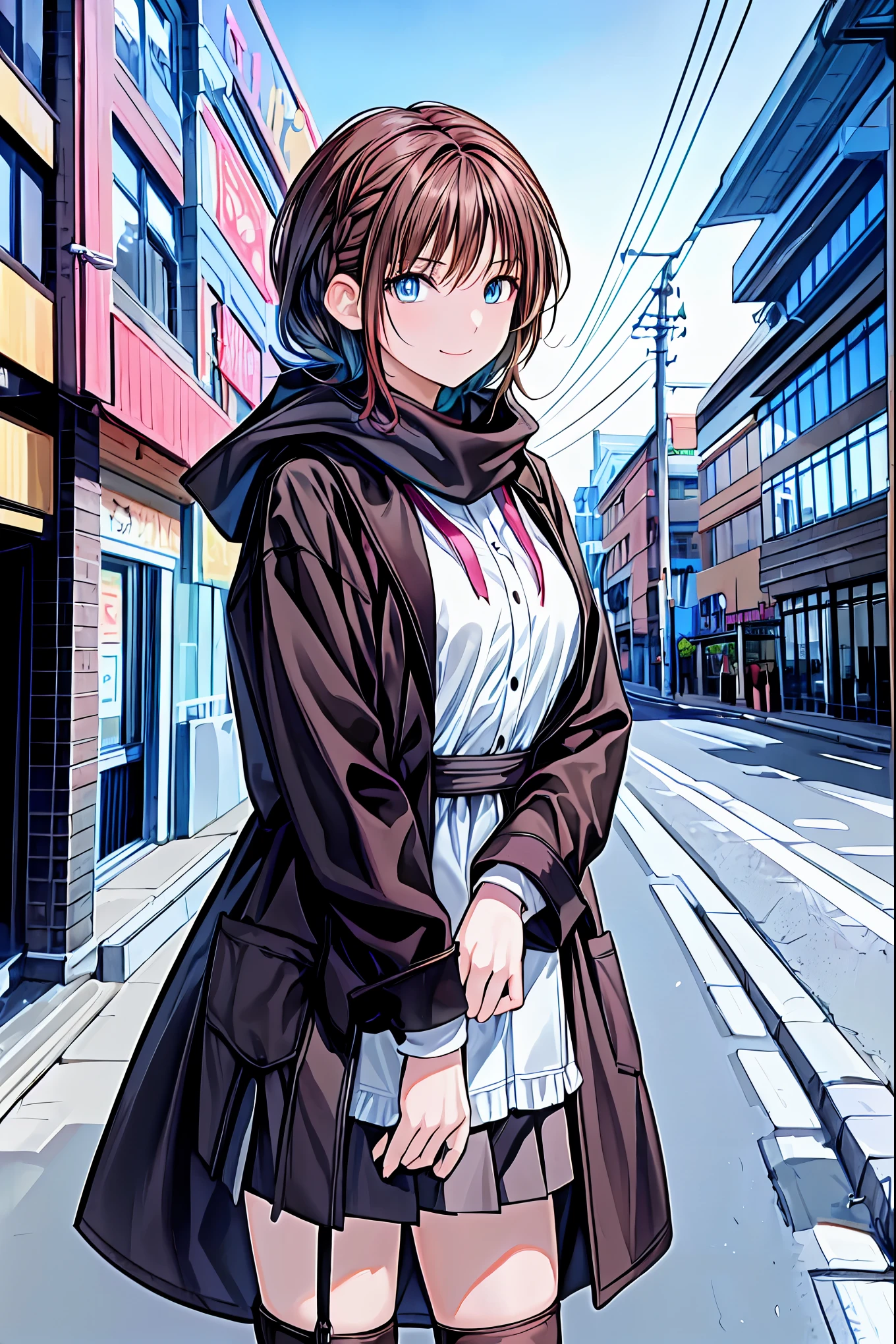   brown hair，  shortcuts，  messy hair  ，  Short Braided Hair  ，Neat，  slender beauty，Dignified posture，  small breasts，   Beautiful Legs with Tails  ，  her charming gray-blue eyes shine like stars ，  vibrant colors,    beautiful eyes  ,繊細なsmile,textured skin,  best quality ,    a parody of a gentle and beautiful woman   , Anime Style､Irohaisshiki,  Isshiki Iroha ,   long hair,   Short Braided Hair  ,  hair bleeding from the vagina ,  brown hair, (  Brown Eyes  :1.5), smile,  muffler  ,  Long Coat  ,  sweater,  long black skirt  ,  black tights,  Short Boots  ,morning日,morning,Campus Life,On the way to school in winter,Cold Sky,that&#39;that&#39;thatは雪が降っています ,
 Go outdoors  , Around town, destroy a city of buildings ,  look at the viewer , charming gray-blue eyes shine like stars {x}
Will break (  Masterpiece :1.2),   best quality,  It's high definition  ,   Unity 8k Wallpaper , (shape:0.8), (美しくて    beautiful eyes  :1.6),     has a very detailed face   ,   perfect lighting,   Highly Detailed CG, (    perfect hand,     Perfect Anatomy   ),