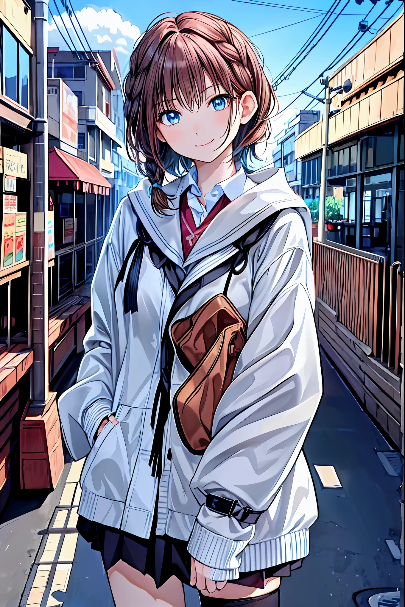   brown hair，  shortcuts，  messy hair  ，  Short Braided Hair  ，Neat，  slender beauty，Dignified posture，  small breasts，   Beautiful Legs with Tails  ，  her charming gray-blue eyes shine like stars ，  vibrant colors,    beautiful eyes  ,繊細なsmile,textured skin,  best quality ,    a parody of a gentle and beautiful woman   , Anime Style､Irohaisshiki,  Isshiki Iroha ,   long hair,   Short Braided Hair  ,  hair bleeding from the vagina ,  brown hair, (  Brown Eyes  :1.5), smile,  muffler  ,  Long Coat  ,  sweater,  long black skirt  ,  black tights,  Short Boots  ,morning日,morning,Campus Life,On the way to school in winter,Cold Sky,that&#39;that&#39;thatは雪が降っています ,
 Go outdoors  , Around town, destroy a city of buildings ,  look at the viewer , charming gray-blue eyes shine like stars {x}
Will break (  Masterpiece :1.2),   best quality,  It's high definition  ,   Unity 8k Wallpaper , (shape:0.8), (美しくて    beautiful eyes  :1.6),     has a very detailed face   ,   perfect lighting,   Highly Detailed CG, (    perfect hand,     Perfect Anatomy   ),