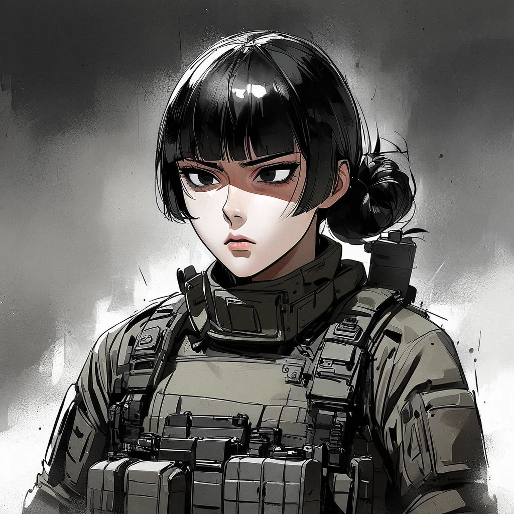 Female, human, foxy eyes, Korean, tactical uniform, militar, death stare, stoic, black hair, bowl cut, pixie hairstyle, black eyes