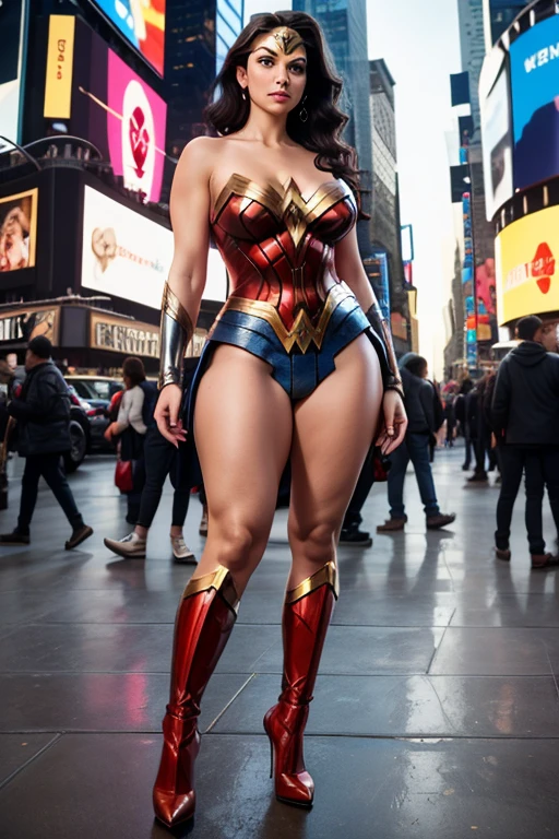 Wonder Woman in a Wonder Woman costume is walking down the street, In Overwatch, Booty that emphasizes muscularity and figure, beautiful wonder woman, character is in her natural pose, Blue Eyes, firm and round buttocks, Realistic shading, Perfect Body, Realistic cosplay, from back,(((s whole body))),Show her ass, large full breasts, Knee-high red boots, wavy black hair,