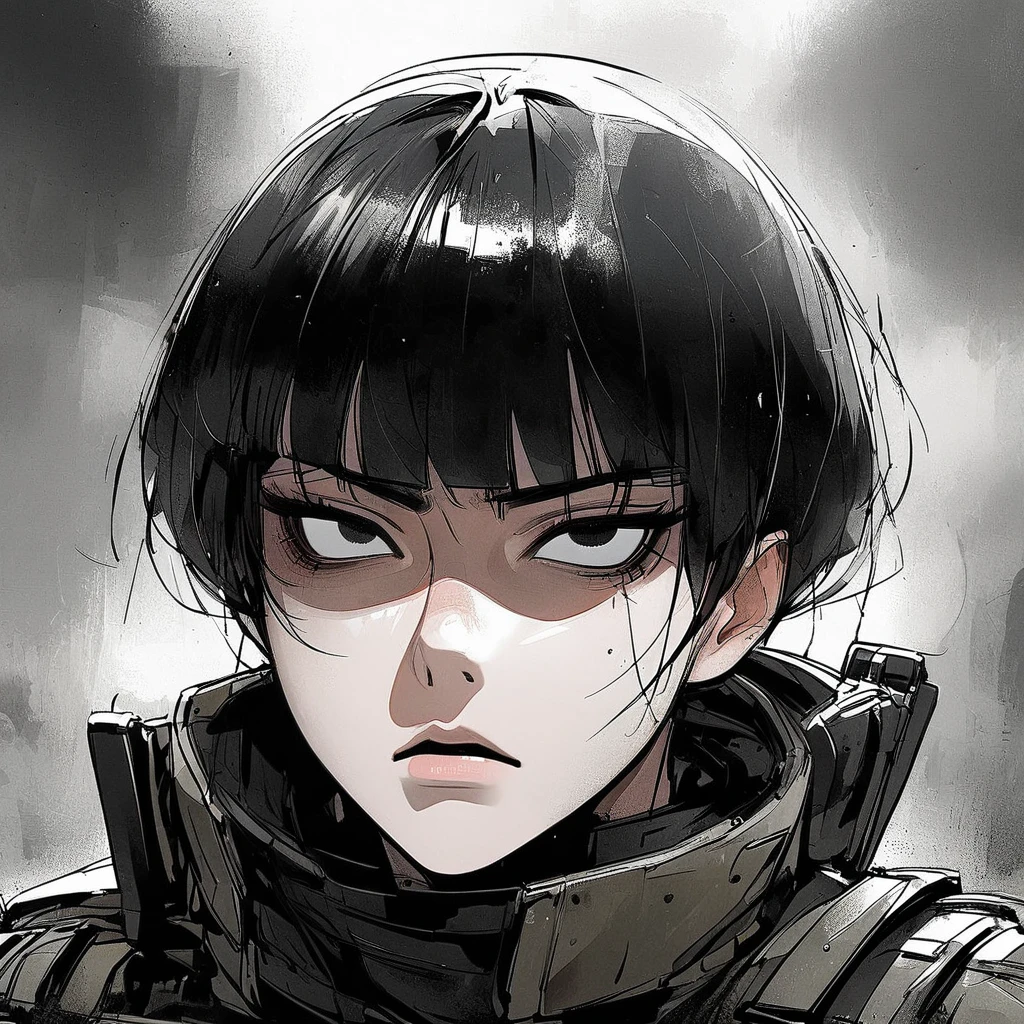 Female, human, foxy eyes, Korean, tactical uniform, militar, death stare, stoic, black hair, bowl cut, pixie hairstyle, black eyes, beautiful, girly