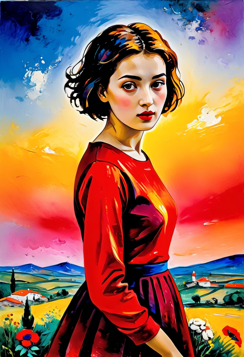 ((very colorful gradient)):[[(front full portrait:1girl (solo) with big eyes and a short hair bob)((Jose de Ribera style)), [dress ((Marc Chagall style)])):20]/[background: landscape
 Renaissance, old canva, (scarlet sunset), ((style Alexey Savrasov))]/[((very colorful gradient)),((oil painting palette knife))((masterpiece)),((highest detail))]]
