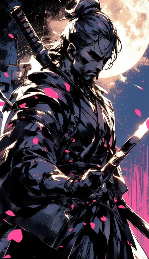 a swordsman in black jinbei holding its katana. the reflection on the katana is shining brightly. at night, with the moon casting dramatic light on the swordsman's face. pink sakura petals are flying around, they are all brightly colored and glowing. the atmosphere is cinematic, dramatic and epic.