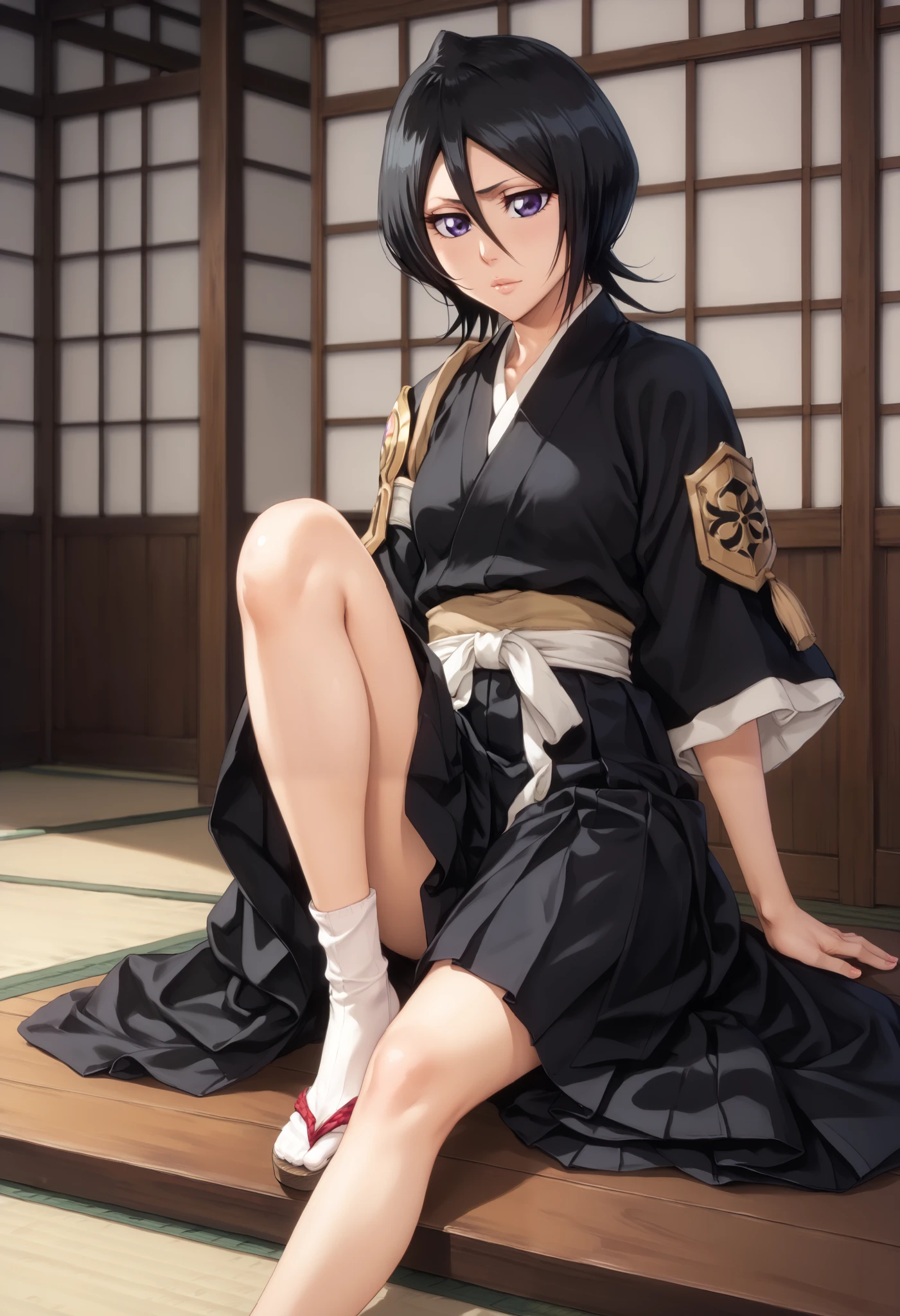 sfw, extremely detailed CG, high resolution, best quality, masterpiece, single woman, kuchiki rukia (bleach), black hair, short hair, light purple eyes, (beautiful detailed eyes: 1.4), small breasts, long legs, black kimono, white obi belt, black wide-legged hakama, traditional long tabi socks, geta sandals