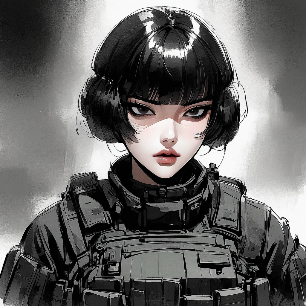 Female, foxy eyes, Korean, tactical uniform, militar, death stare, stoic, black hair, bowl cut, pixie hairstyle, black eyes, beautiful, girly, lipgloss 