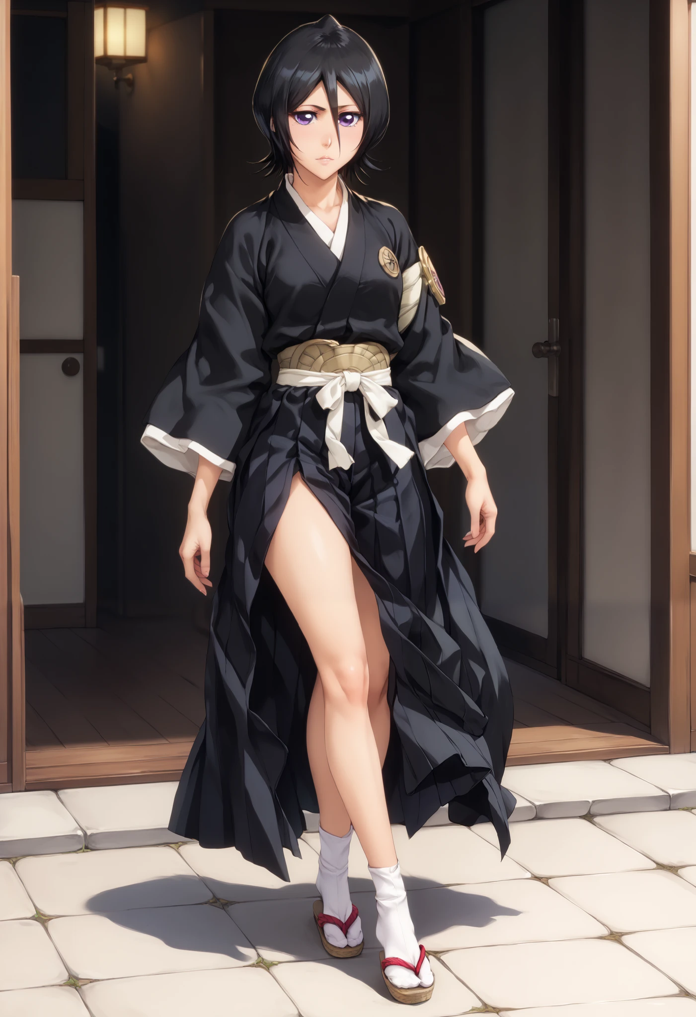 sfw, extremely detailed CG, high resolution, best quality, masterpiece, single woman, kuchiki rukia (bleach), black hair, short hair, light purple eyes, (beautiful detailed eyes: 1.4), small breasts, long legs, black kimono, white obi belt, black wide-legged hakama, ankle-lenght hakama, calve-high tabi socks, geta sandals