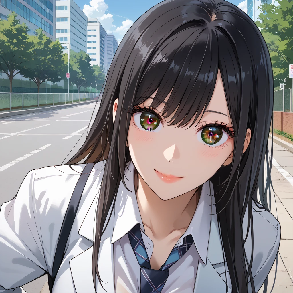   score_9,  score_8_up,  score_7_up,  source_Anime,masterpiece, big eyes,smile 、  best quality,  BEAUTIFUL AND DETAILED EYES  , Desperate look 、 pretty girl 、 highly detailed eyes and face, black eyes,cleavage,partially unbuttoned,black hair, long hair,Brown eyes,  1girl, Alone,white blazer、white Jacket,white shirt, high school girls、school uniform、 Checked Skirt  、blue and black skirt,Big Breasts , No emotion, looking at viewer,black thighhighs,Slim Leg,sit up, sharp eyes, Close,outdoor, day, plaid tie、red and blue tie,arms behind back