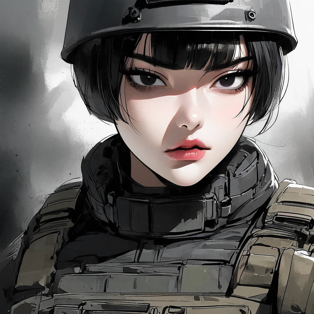 Female, foxy eyes, Korean, tactical uniform, militar, death stare, stoic, black hair, bowl cut, pixie hairstyle, black eyes, beautiful, girly, lipgloss 