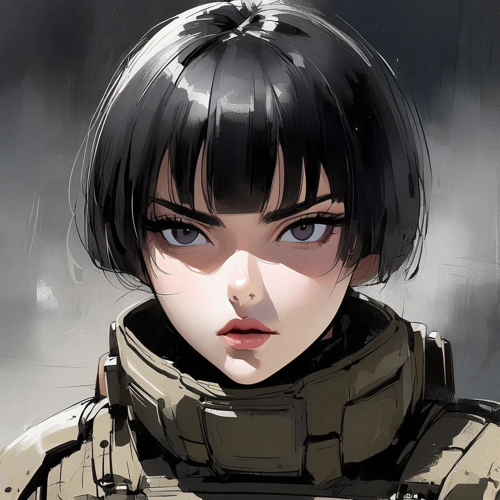 Female, foxy eyes, tactical uniform, militar, death stare, stoic, black hair, bowl cut, pixie hairstyle, black eyes, beautiful, girly, lipgloss, anime