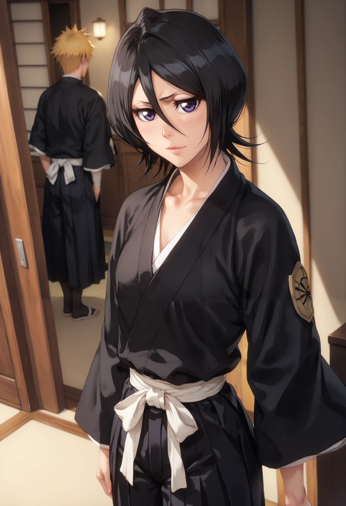 sfw, extremely detailed CG, high resolution, best quality, masterpiece, single woman, kuchiki rukia (bleach), black hair, short hair, light purple eyes, (beautiful detailed eyes: 1.4), small breasts, long legs, black kimono, white obi belt, black wide-legged hakama