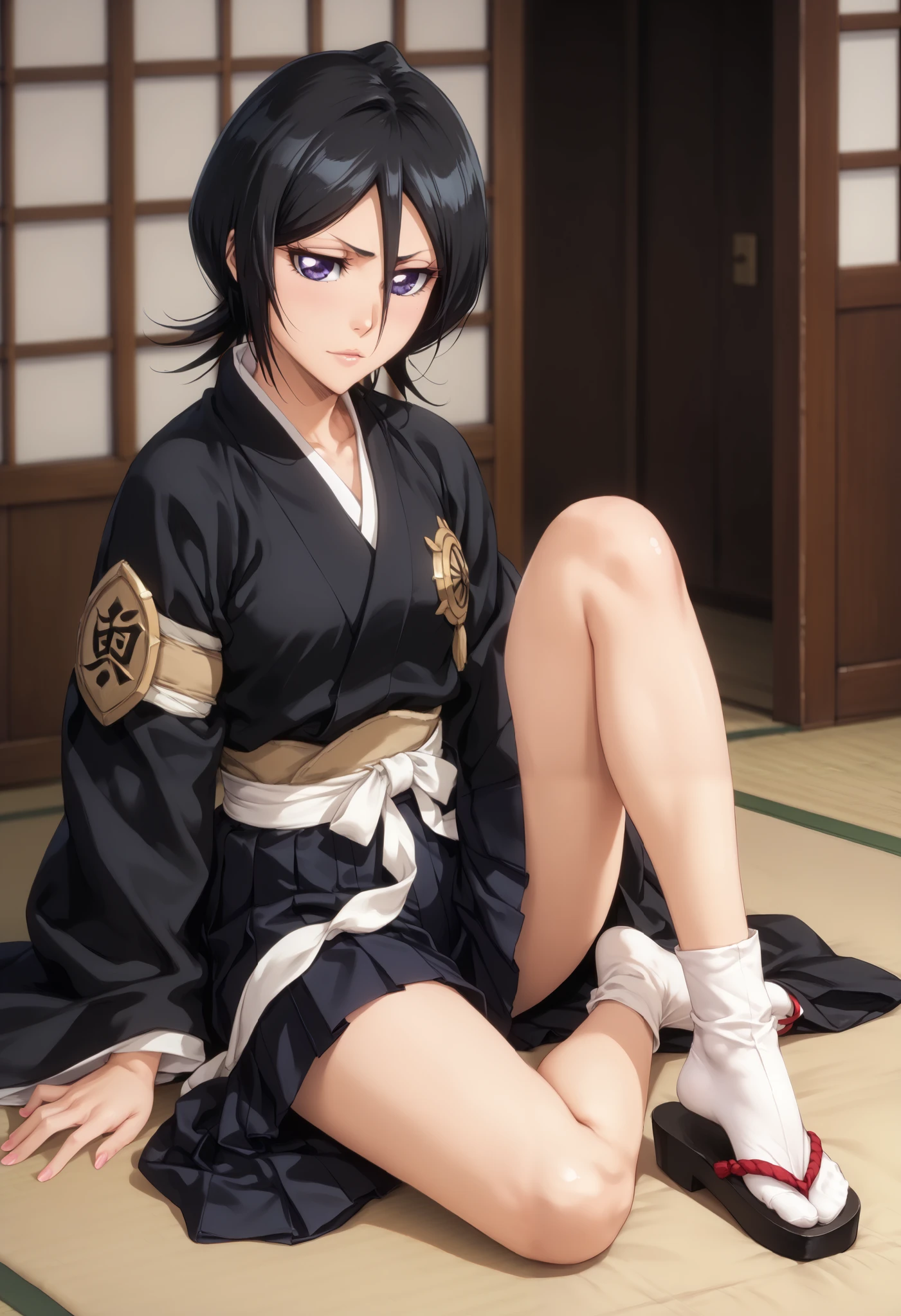 sfw, extremely detailed CG, high resolution, best quality, masterpiece, single woman, kuchiki rukia (bleach), black hair, short hair, light purple eyes, (beautiful detailed eyes: 1.4), small breasts, long legs, black kimono, white obi belt, black wide-legged hakama, ankle-lenght hakama, calve-high tabi socks, geta sandals