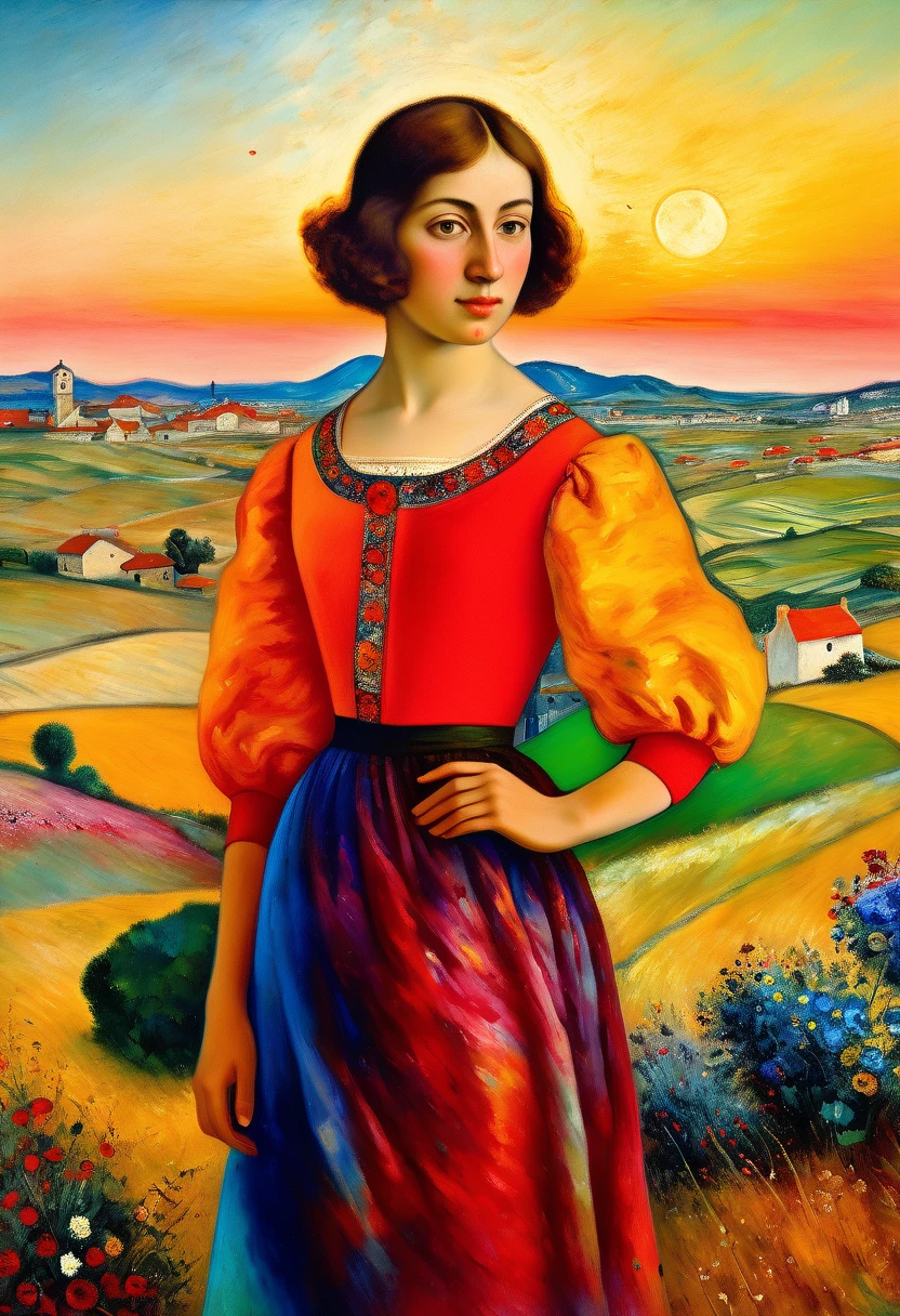 ((very colorful gradient)):[[(front full portrait:1  girl (solo) with big eyes and a short hair bob)((Jose de Ribera style)), [dress ((Marc Chagall style)])):20]/[background: landscape
 Renaissance, old canva, (scarlet sunset), ((style Alexey Savrasov))]/[((very colorful gradient)),((oil painting palette knife))((masterpiece)),((highest detail))]]
