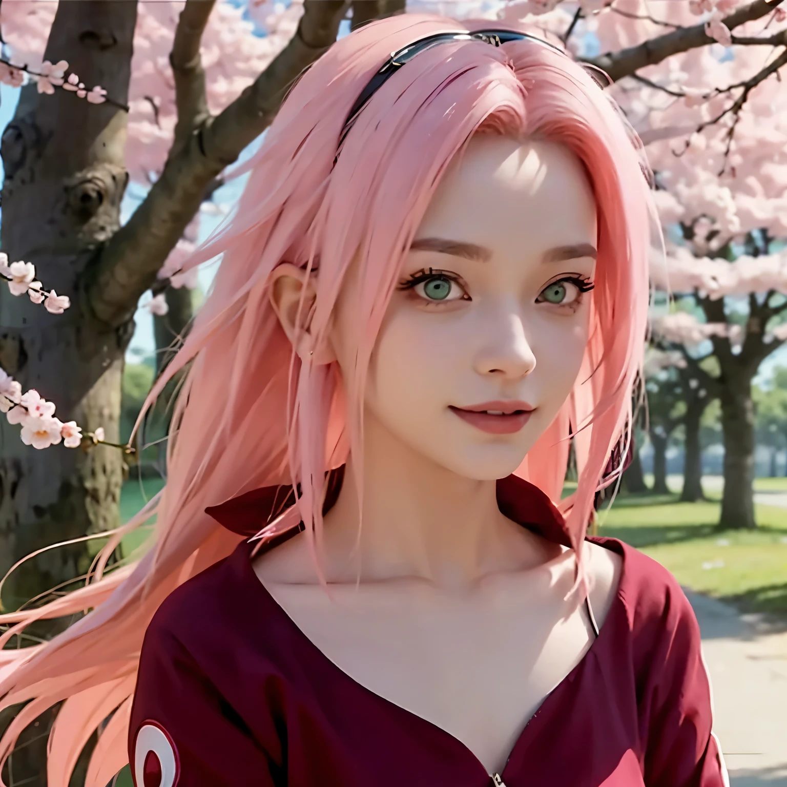tmasterpiece, Best quality at the best price , 1 girl, Sakura Haruno, Big breasts , Clothing with showing shoulders ,( cleavage),(close-up do tronco),Sexy Lifted,is shy,smile,with pink hair, long white hair , ( green eyes :1.4), , as cherry trees,Flying cherry trees ,red clothes,Half zipper