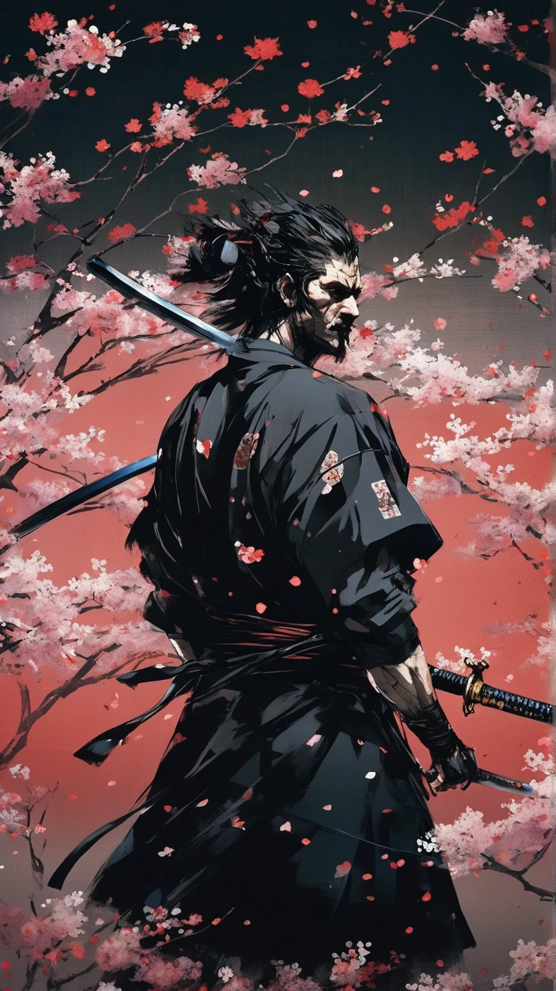 score_9, score_8_up, score_7_up, man with black jinbei, unsheathing a katana in front of his face, sakura petals flying around, serious face, Black eyes, Dark Background, Mystical Light Falls on samurai, intricate details, Epic picture, Epic scene, dramatic lighting, high budget, bokeh, cinemascope, moody, epic, gorgeous, film grain, grainy, masterpiece, best quality, yoji shinkawa